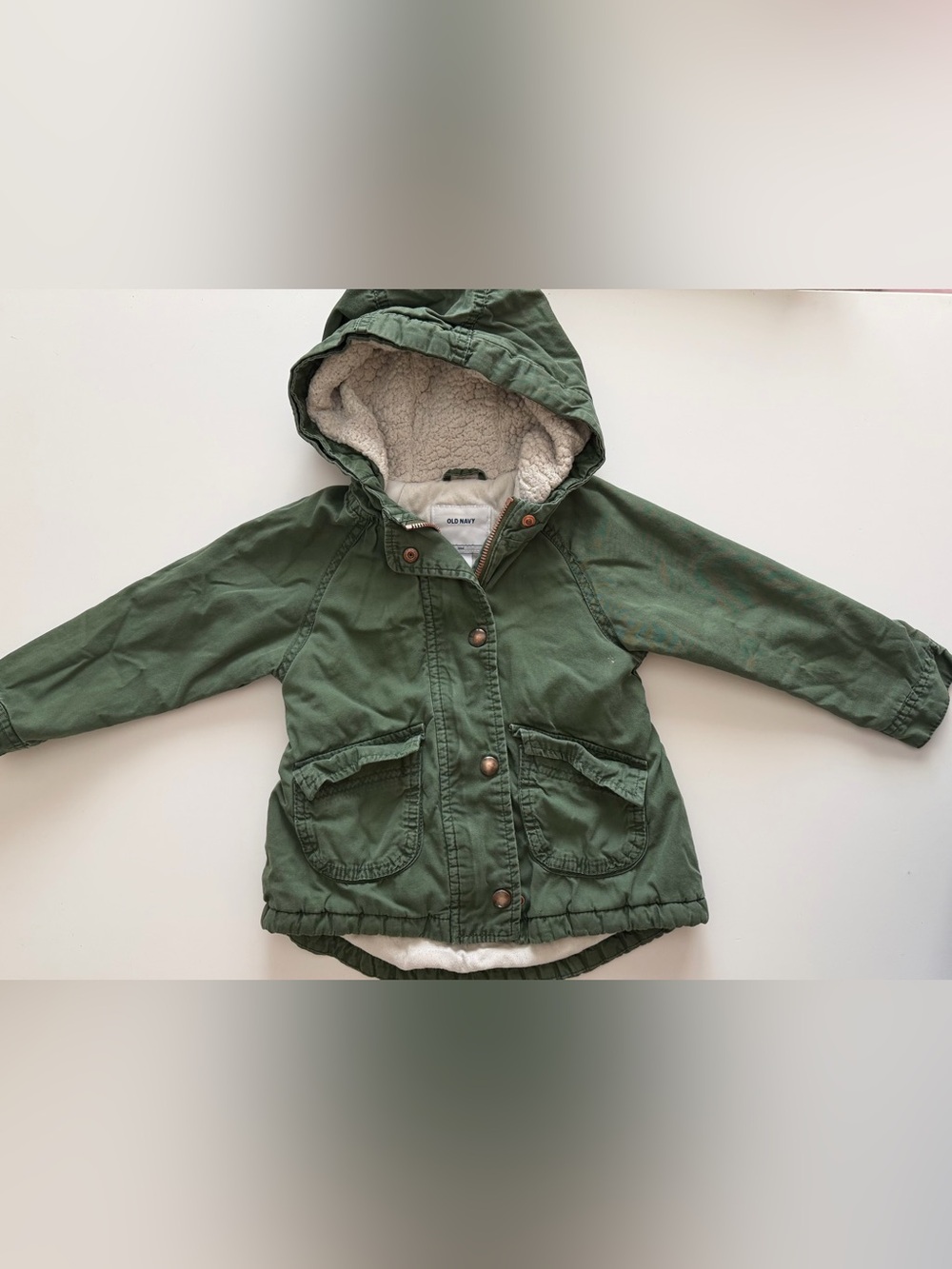 Old Navy 3T Green Hooded Sherpa-Lined Kids Jacket Copper color zipper & buttons